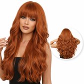 SassyGoods Koper Rode Oranje Pruik met Pony WK - Pruiken Dames Lang Haar - Haarwerk - Wig - Ginger Rood - 70 cm