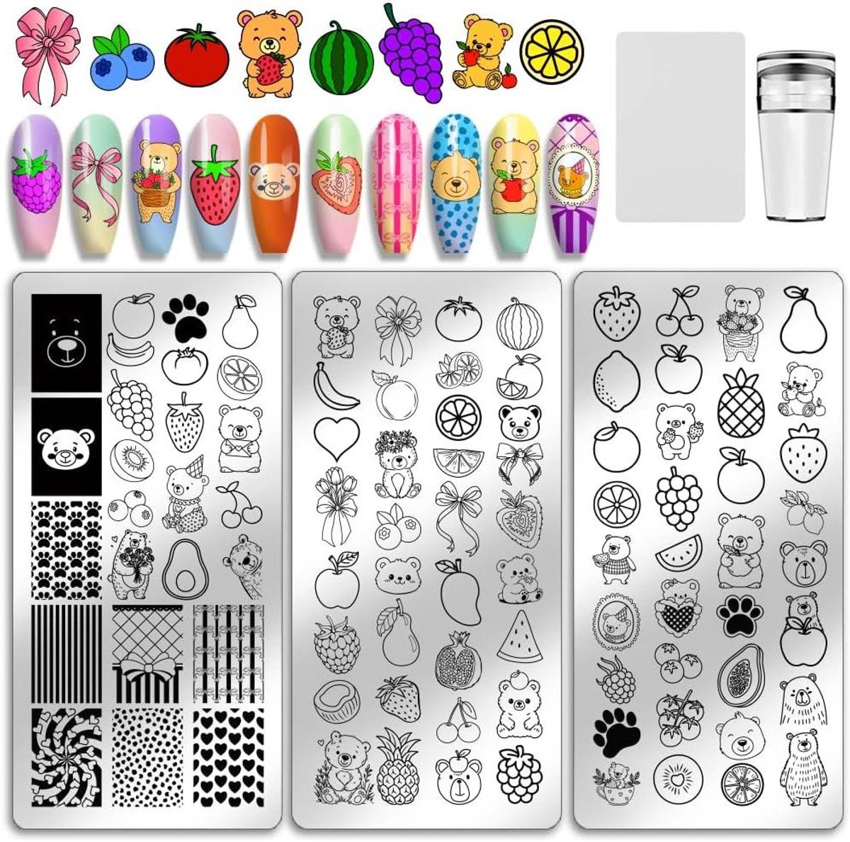 MK Stoer -Fruit Thema Nagel Stempelen Platen - Nagels Kunst Stencils - Aardbei Ananas Kersen - Manicure Sjablonen - Geschikt voor Vrouwen - 3 Stuks.