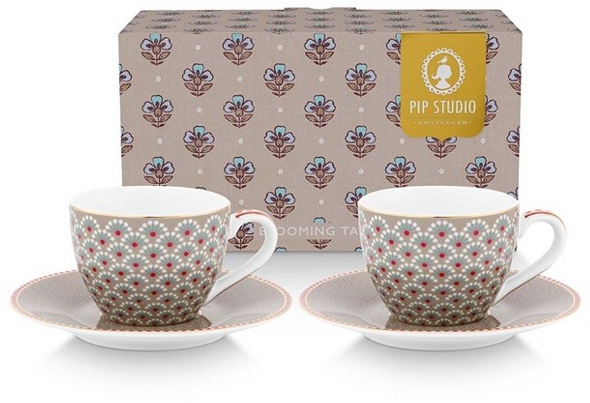 Pip studio-Espressokopjes en schotels -Blooming Tales Khaki-Set van 2-120ml-Porselein