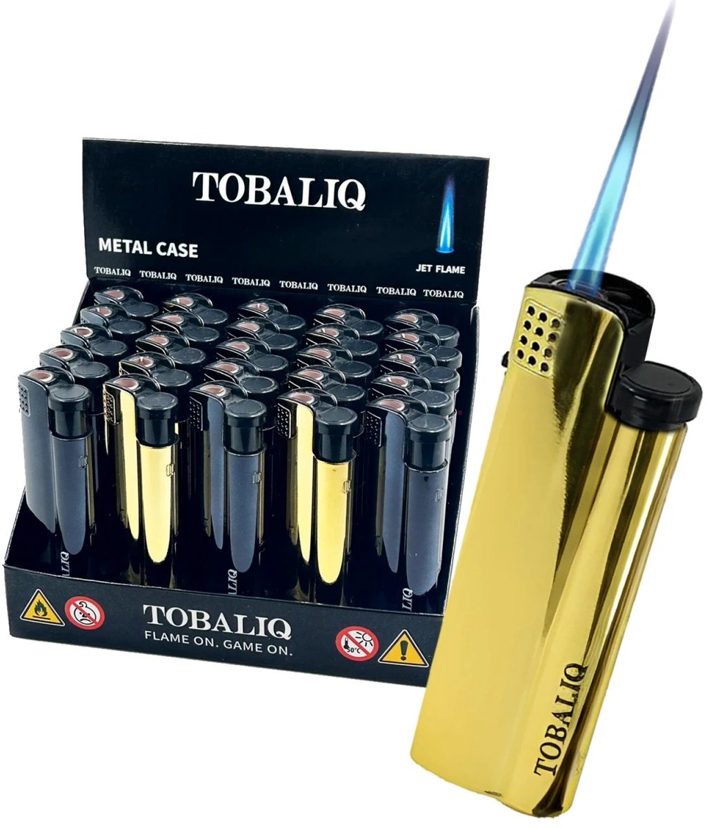 Tobaliq - Display 25 stuks- Turbo Aansteker - Design Black & GOLD Elegance - Gasbrander - Aansteker - Navulbaar - Stormaansteker - Vuurwerk aansteker - BBQ - Gasaansteker
