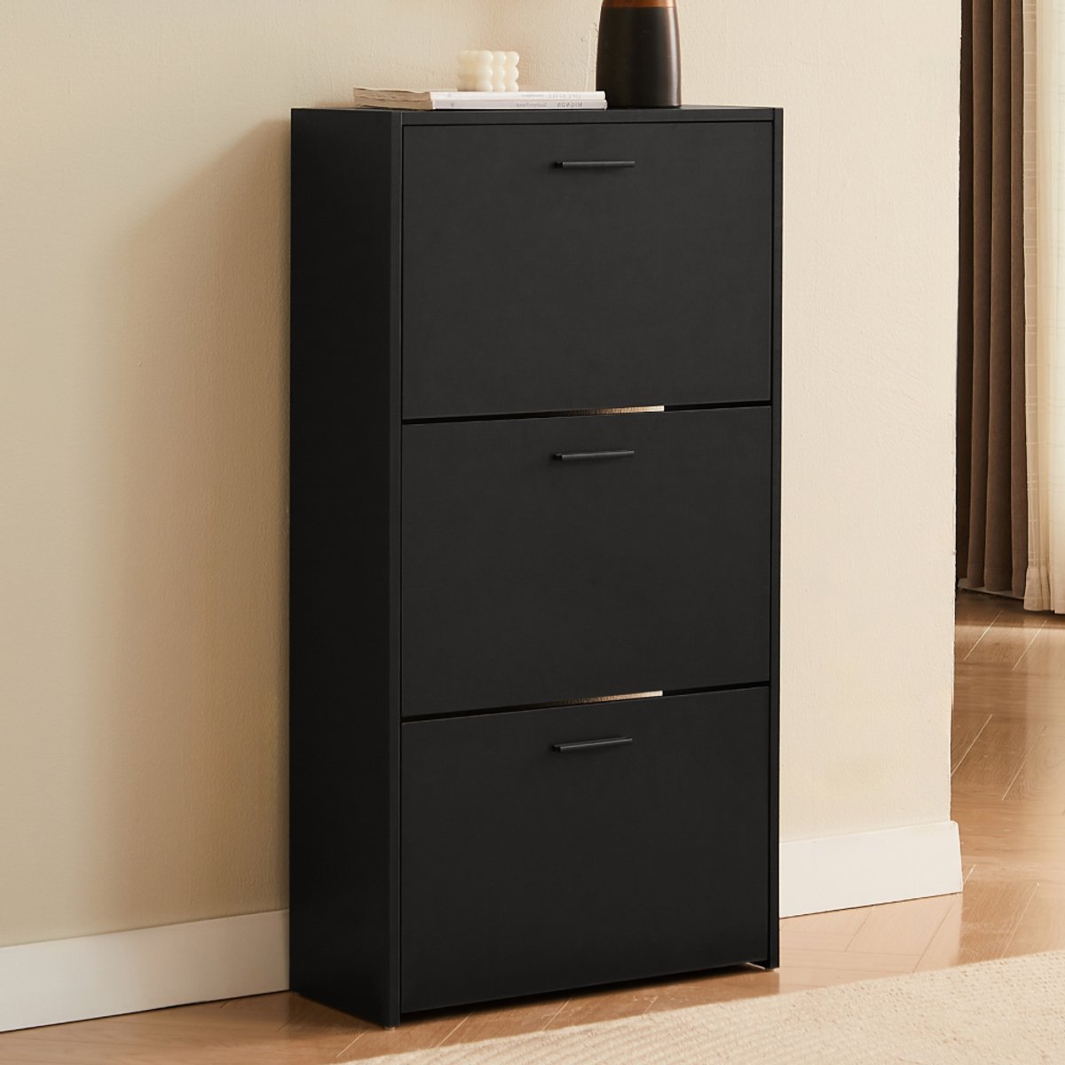 CASABEL Moderne schoenenkast met 3 neerklapbare deuren - 18 paar schoenen - Schoenopbergkast van composiethout - Afmetingen: B60 x D24 x H113 cm