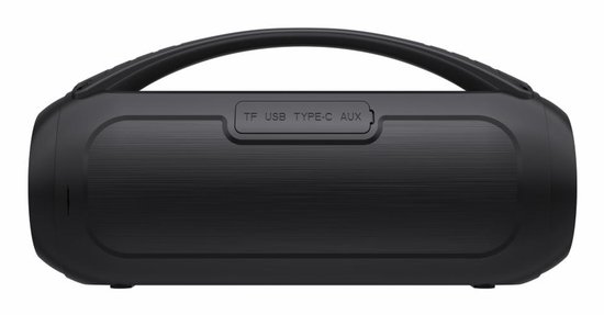 Zwarte Denver speaker van de achterkant. De bovenkant heeft een draaghendel en een klepje met poorten: TF, USB, TYPE-C, AUX.