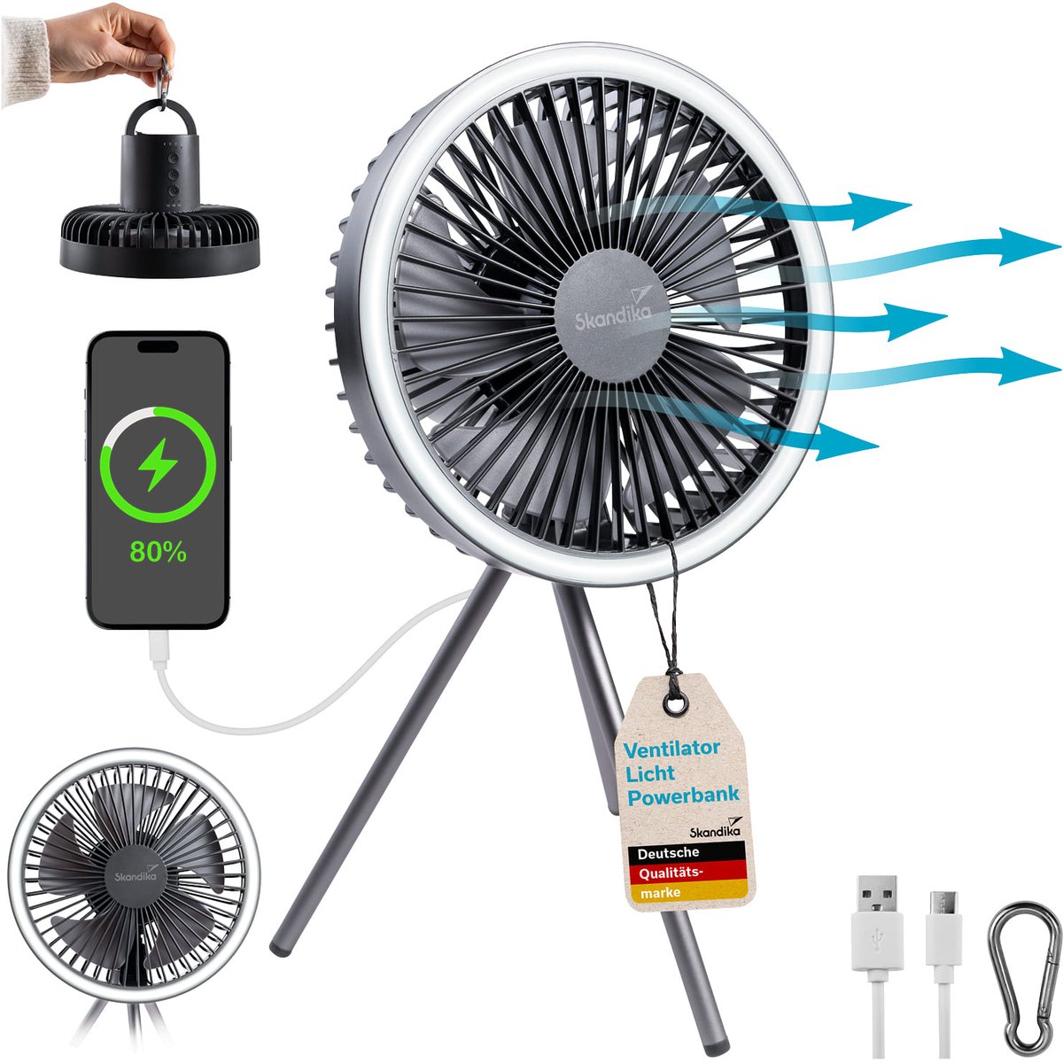 Skandika campinglamp Solvind met ventilator - 3-in-1 campinglantaarn met tafellamp & powerbank, ringlicht wit, met USB Type-C laadkabel, dimbaar, timer | Lantaarn voor camping, outdoor, wandelen