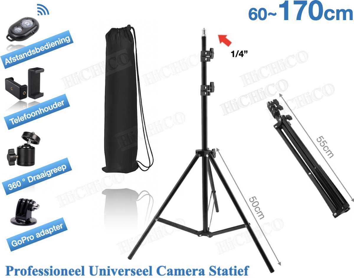 Statief 170Cm Voor Smartphone, Actioncam, GoPro, Fotocamera (Canon, Nikon, Sony en ...) en Spiegelreflexcamera Inc. Bluetooth Remote Shutter, Telefoonhouder, 360 ° Draaigreep horizontaal - Smartphone Statief - Camerastatief - Tripod - Fairco
