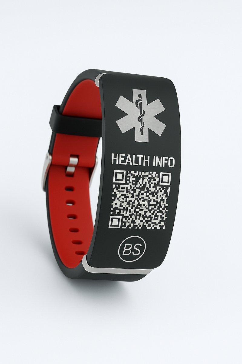 Medische QR Armband - Rood - Zwart - Voor Gezondheidsinformatie - BeSafeCharm 1 jaar.