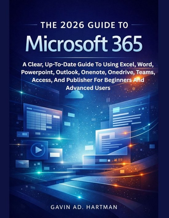 De omslag van "The 2026 Guide to Microsoft 365" met een abstracte weergave van computerschermen en datastromen op een donkere achtergrond.
