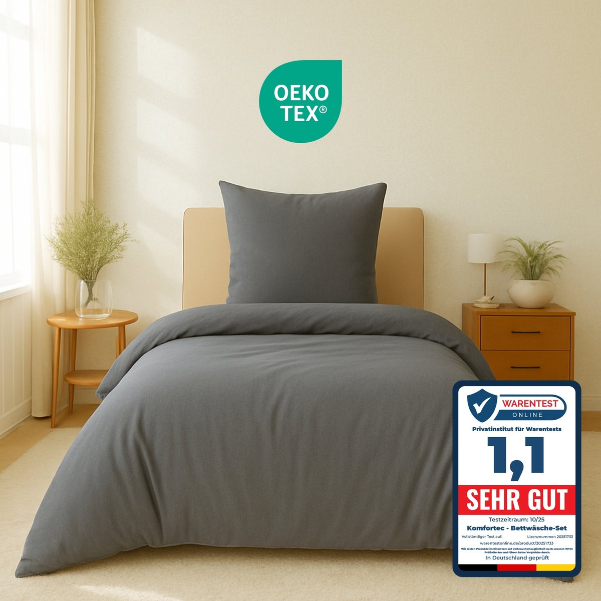 Komfortec Premium Dekbedovertrek 155x220 cm + 1x Kussensloop 80x80 cm - Geborsteld 100% Polyester Microvezel 90 g/m² - 3-Delige Superzachte Beddengoedset - Grijs