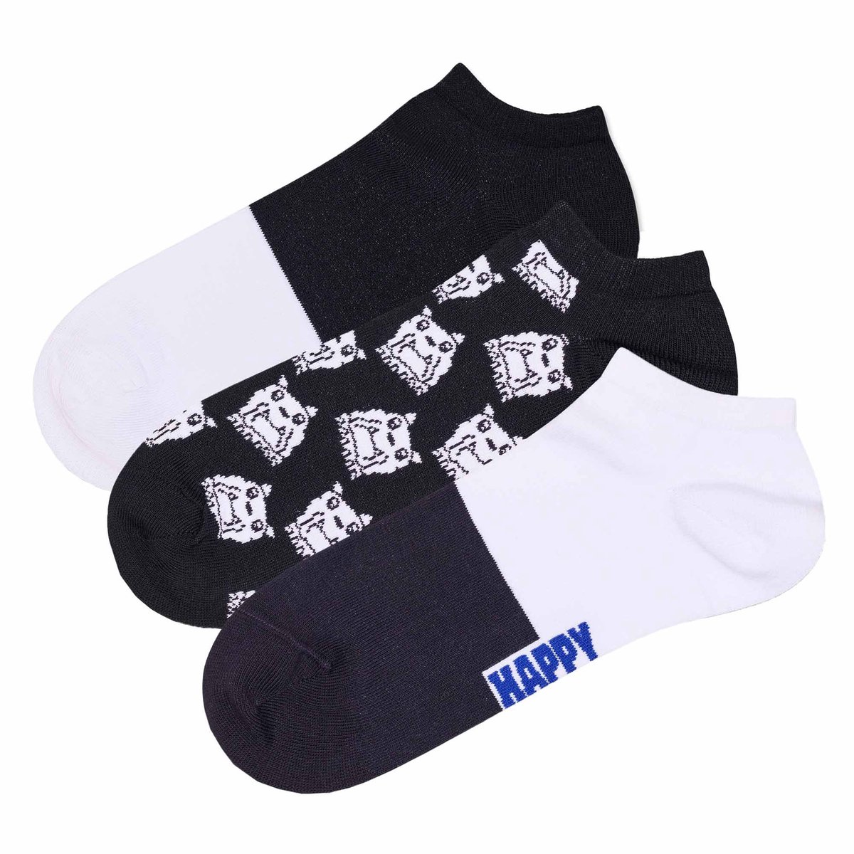 Happy Socks unisex 3P sneakersokken bulldog zwart & wit