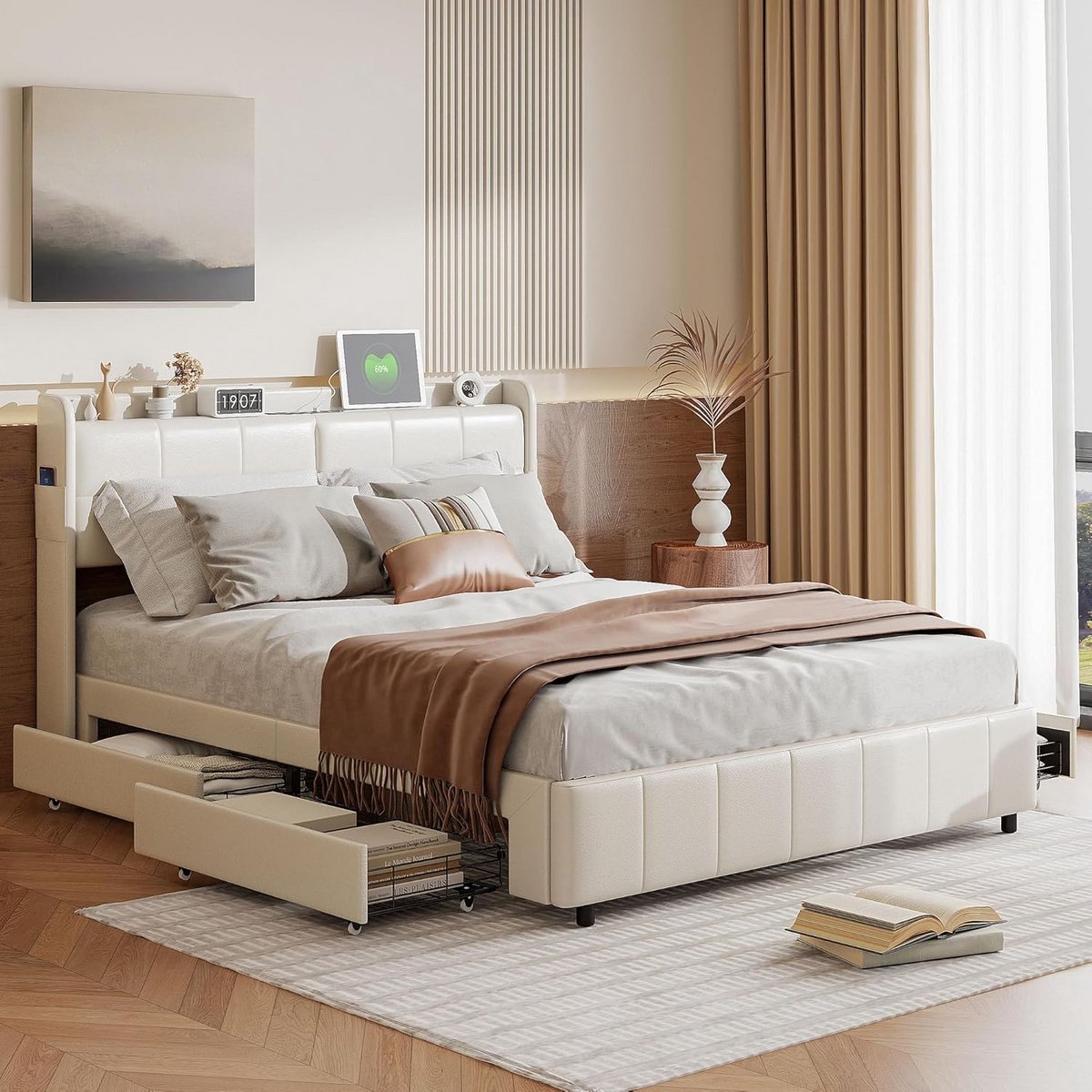 Tweepersoonsbed 160x200 cm met Opbergruimte en USB-aansluiting - Inclusief Lattenbodem - W