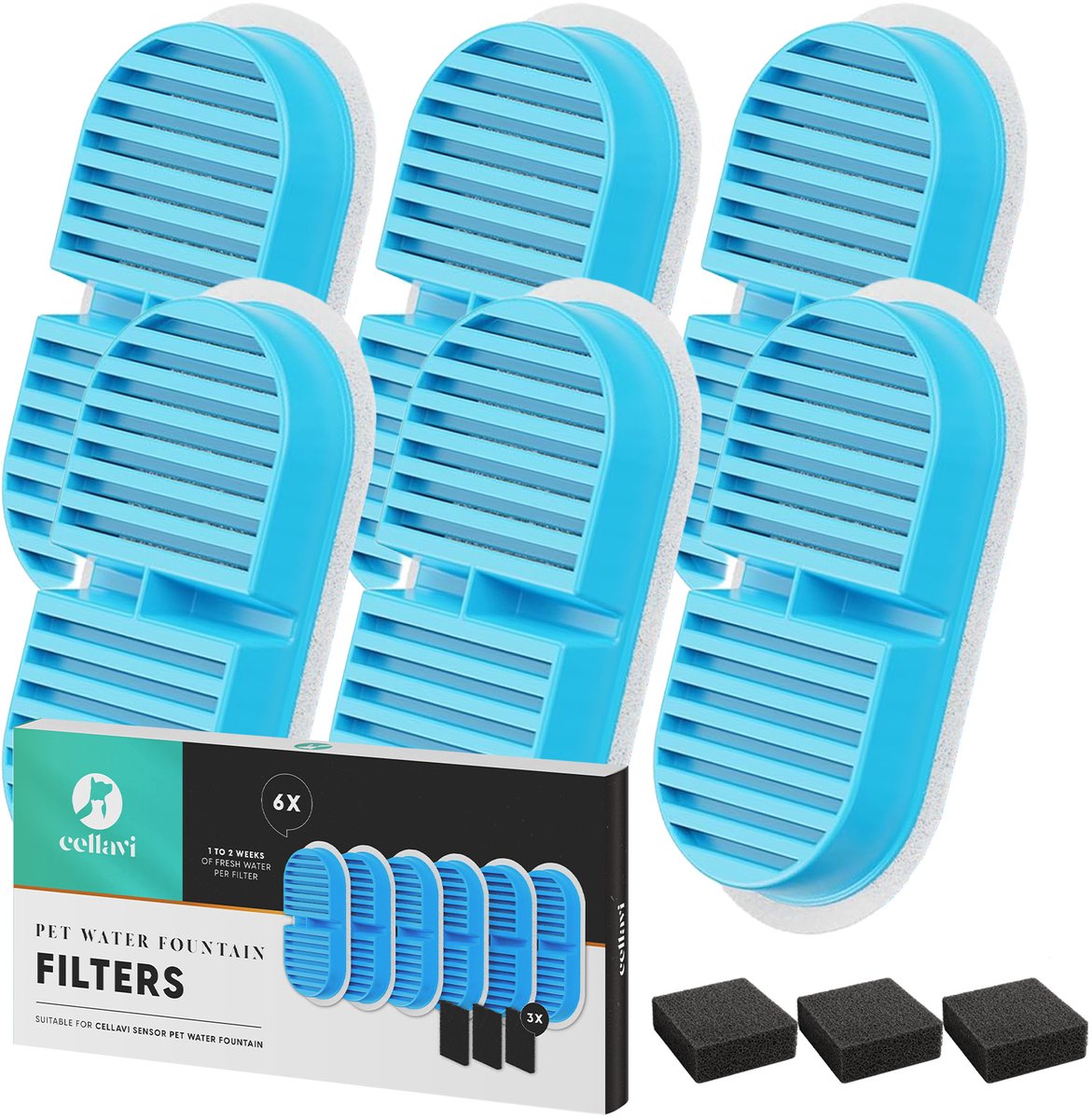 Cellavi 3 in 1 Waterfilters & Filtersponsjes voor Drinkfontein R3A-X Kat en Hond - 6 Waterfilters & 3 Filtersponsjes - Duurzaam