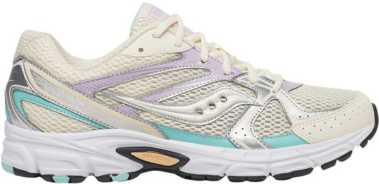 Crème Saucony sneakers met paarse, zilveren en lichtblauwe accenten, zijaanzicht.