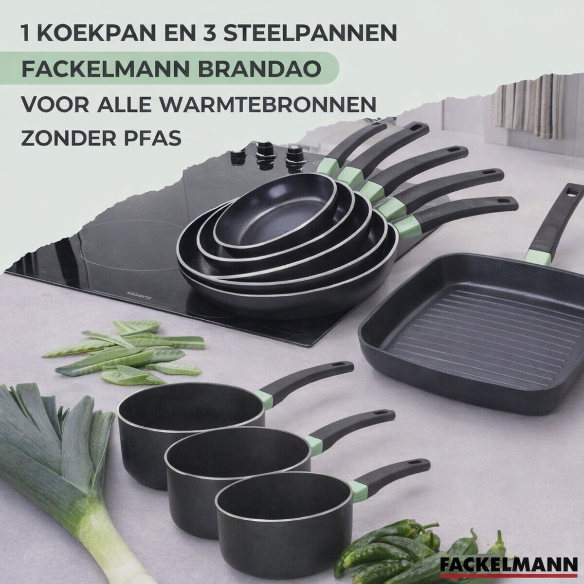 Set van 1 koekenpan van 30 cm en 3 steelpannen van 16, 18 en 20 cm Fackelmann Brandao