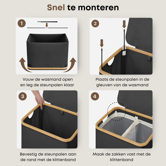 ACAZA Panier à Linge - Trieur de Linge - Panier à Linge avec Couvercle - Panier à Linge 2 Compartiments - Bamboe - 130L - Zwart