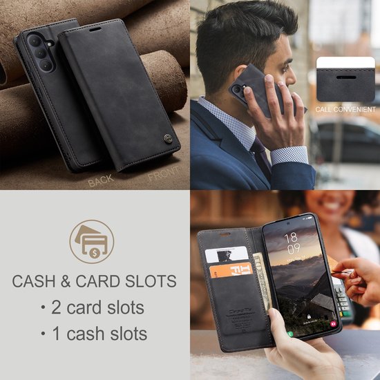 Zwarte lederen telefoonhoes, een man belt met de hoes, een close-up van de kaartsleuven, een betaling met kaart.