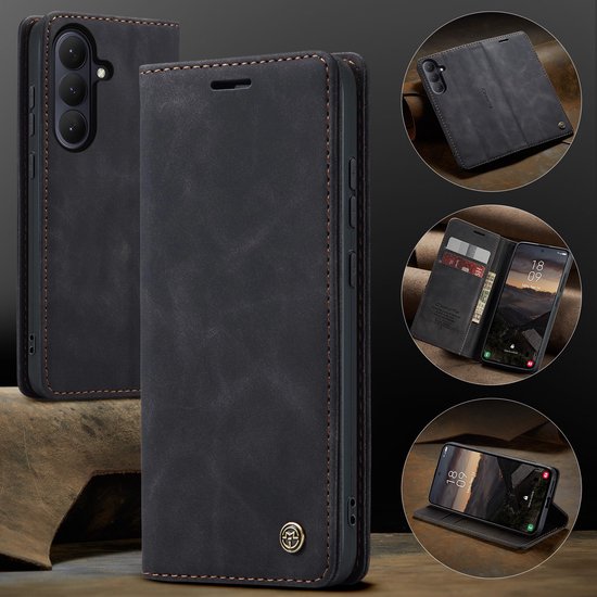 Zwarte, lederen telefoonhoes met bruine stiksels, magnetische sluiting en kaarthouder.