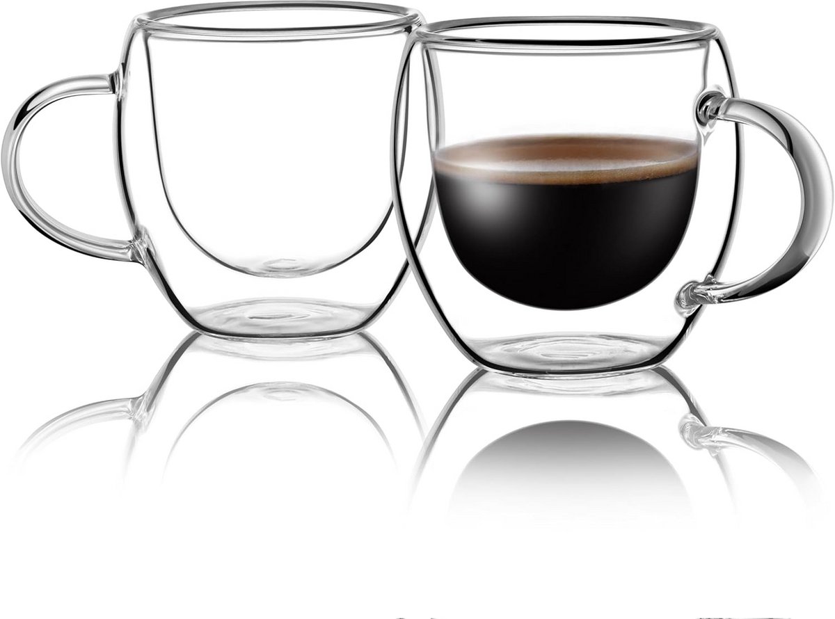 Dubbelwandige Espresso Kopjes Met Handvatten - Hittebestendig Borosilicaatglas (80 ml)