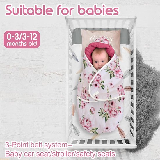 Universele Wikkeldeken voor Baby: Voetenzak voor Kinderwagen, Autostoel & Buggy (3-12 Maanden, Roze Bloemen) van Merkloos — afbeelding 3