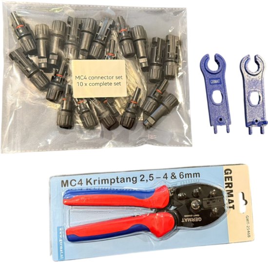 Germat MC4 krimp set met krimptang, 10 connectoren in plastic zak en twee blauwe gereedschappen.
