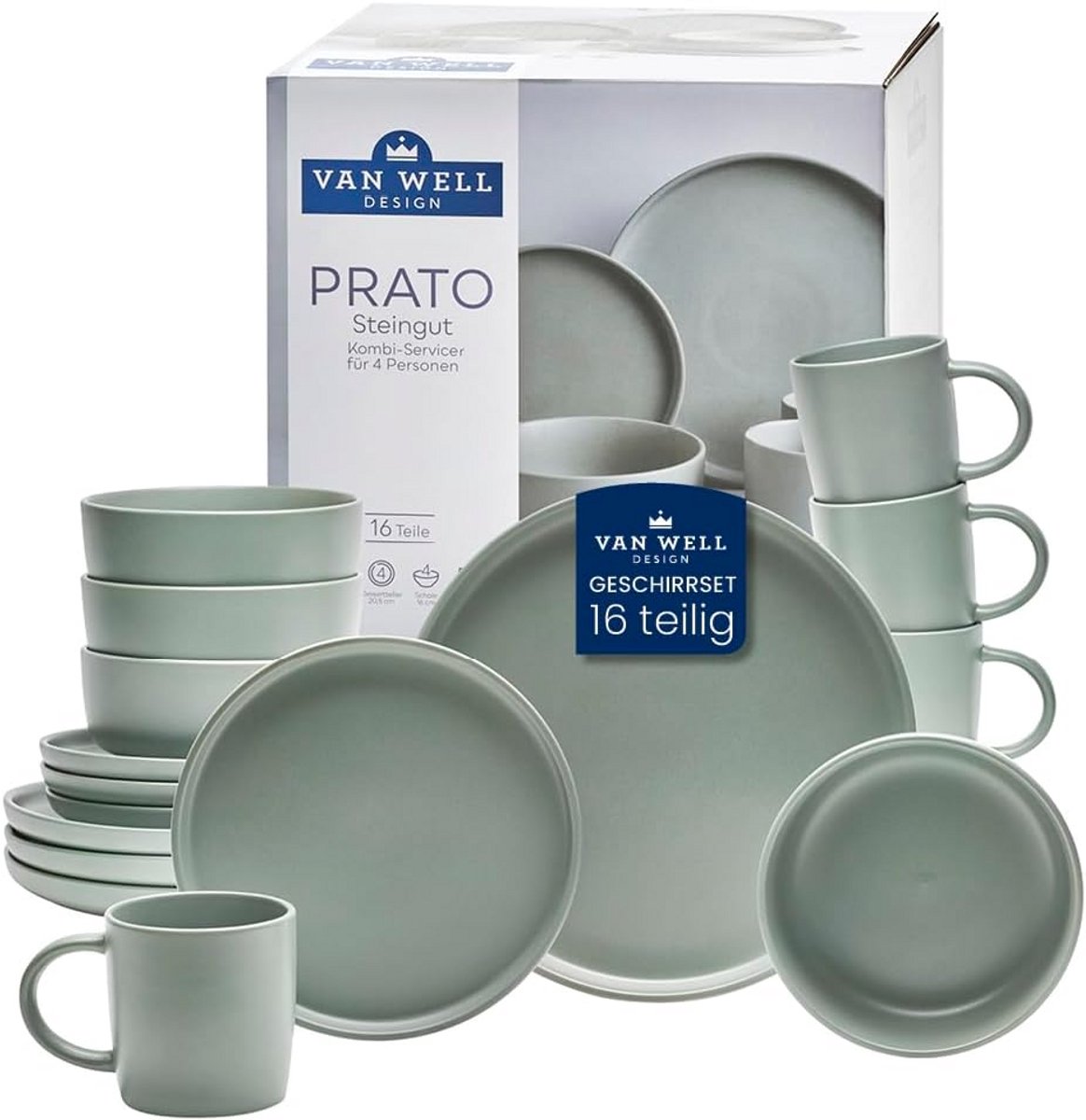 16-delig Aardewerk Servies Set voor 4 Personen - Groen met Witte Rand
