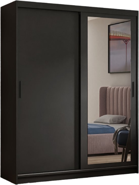 ML Furniture L3 Schuifdeuren Kledingkast 120 cm Spiegel Slaapkamermeubel, Opbergruimte – Schuifdeurkast - Kleur: Zwart