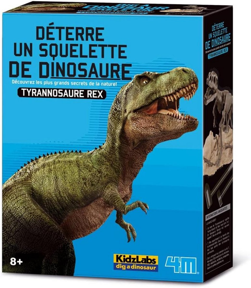 4 m Kidzlabs: DETERRE-Ton Dinosaurus (Tyrannosaurus Rex) /Verpakking VOOR A N C A I S, skelet in een gipsblok, doos 17 x 22 x 6 cm, 8+