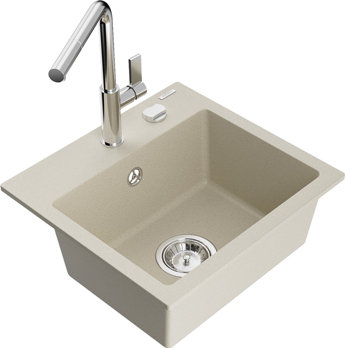 Mexen Milo granieten gootsteen 1-komors met keukenmengkraan Flora, beige - 6505-69-670401-