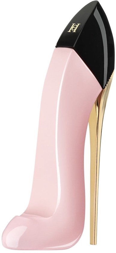 Roze pumpvormige parfumfles met zwarte hak en gouden details.