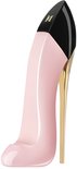 Roze pumpvormige parfumfles met zwarte hak en gouden details.