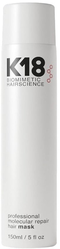 Witte K18 fles met 'professional molecular repair hair mask' en '150ml / 5 fl oz'.