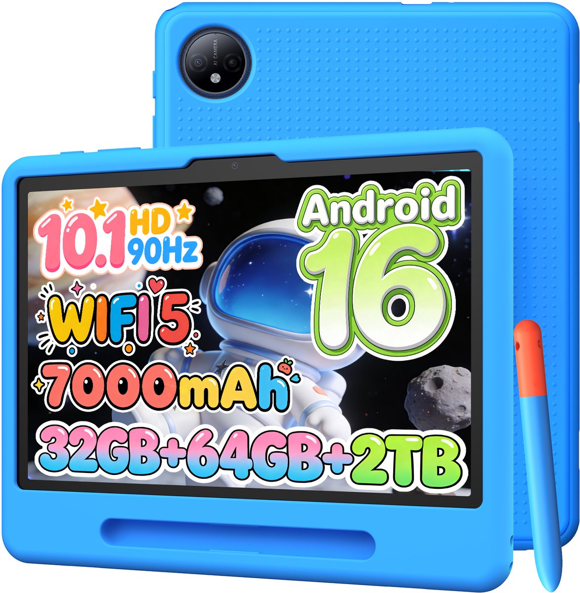 Aorlym P10 kindertablet – 32 GB RAM (6+26 GB) + 64 ROM - 10,1 inth HD 90 Hz - Android 16 - 7000 mAh - WiFi 5 - Face ID - Gmini AI - Inclusief kindvriendelijk hoesje - Styluspen - Blauwlichtfilterfilm