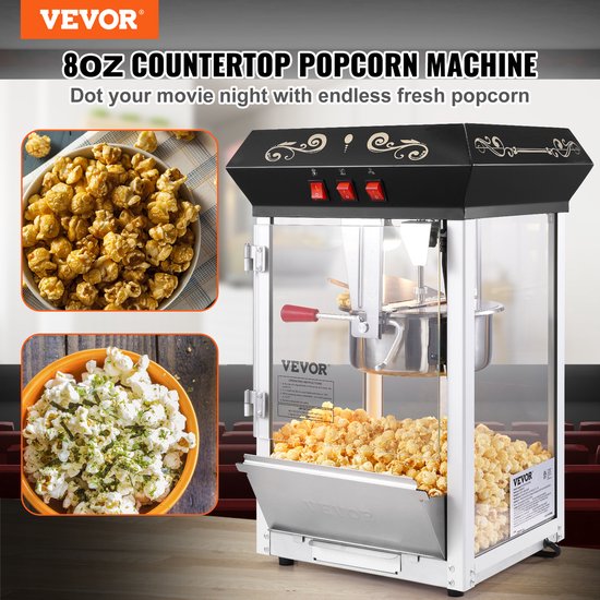 VEVOR Popcornmachine Maker Popcornmachine Popcornmachine Cinema 850W 8oz Zwart — afbeelding 3
