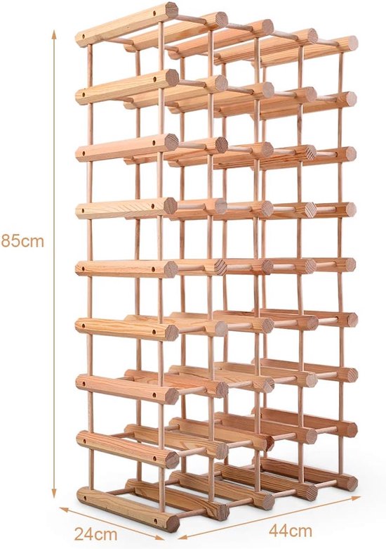 Houten wijnrek, 85 cm hoog, 44 cm breed en 24 cm diep, met ruimte voor 40 flessen.