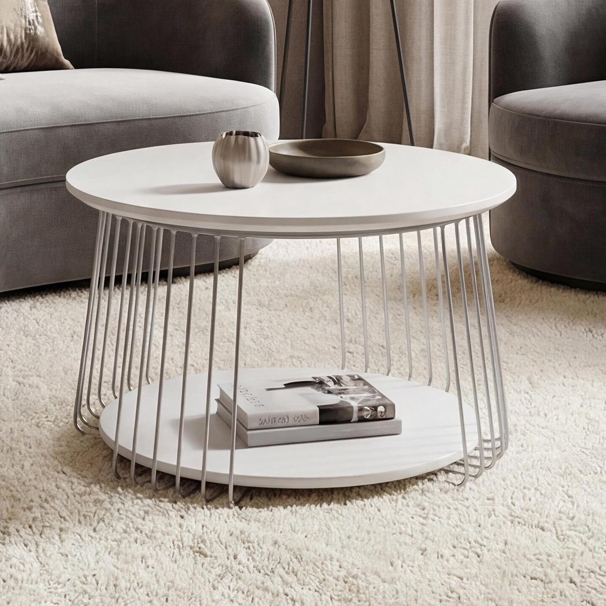 Salontafel Rond Ø70 cm – Moderne Couchtisch met Extra Opbergplank – Metalen Frame & MDF Tafelblad – Woonkamer & Loungetafel – weib – 70 x 70 x 44 cm – Pauwhome