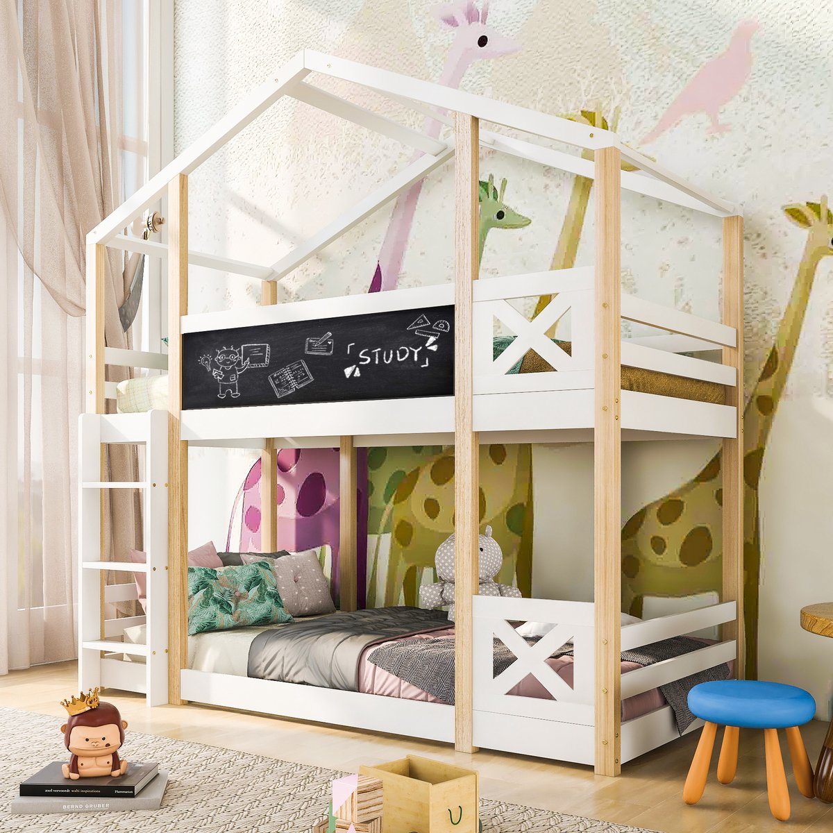 MODFU Hoogslaper 90x200 cm – wit massief hout – met dakvorm, ladder, uitvalbeveiliging en schoolbord