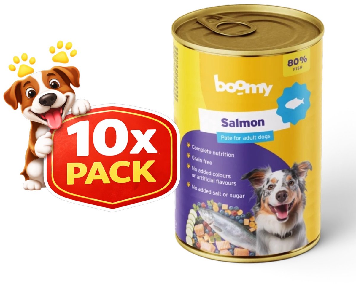 Boomy Boomy - Hondenvoer - Natvoer hond - Blikvoer hond - Graanvrij - Zalm smaak - 80% vlees - Adult - 10 x 400g
