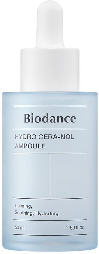 Biodance Hydro Cera-Nol Ampoule fles met dropper. Lichtblauwe, matte verpakking, witte dop, tekst op de fles.