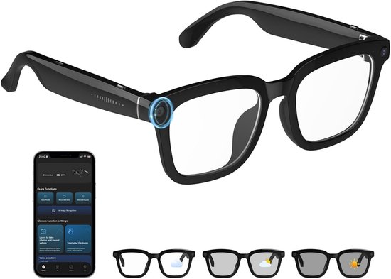 Zwarte smart bril met camera, smartphone app en vier verwisselbare lenzen.
