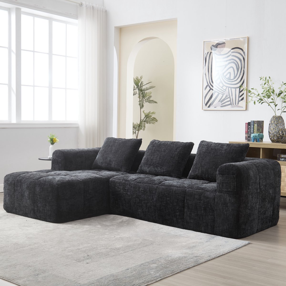 MIVRAY Modulaire Hoekbank – Chaise Longue Met Zijvakken En 3 Kussens – Voor Woonkamer En Studio – Chenille Zwart