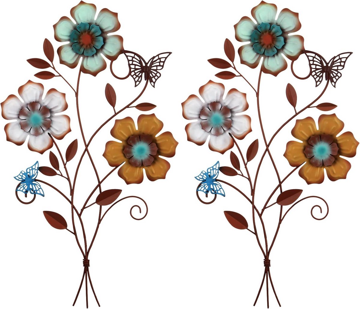 Rustieke Wandbloem 35 cm - Vintage Metalen Muurdecoratie met Vlinder - Driekleurig Bloemdesign voor Binnen en Buiten