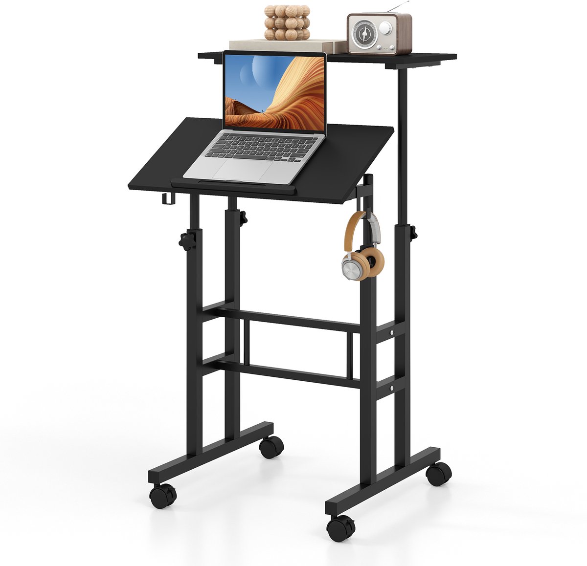 Costway Sta-bureau, in hoogte verstelbaar, mobiele computertafel met wielen, kantelbaar tafelblad en 2 haken, bureau, state-zittafel, laptoptafel voor thuis, kantoor (zwart)
