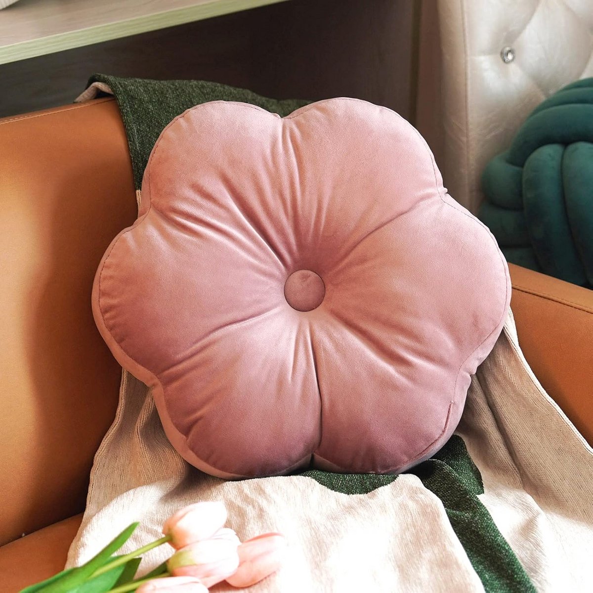 Bloemvormig Sierkussen - Vloerkussen Decoratief - Woonkamer Decoratie - Ultra Zacht Fluweel - 40 x 40 cm - Oudroze