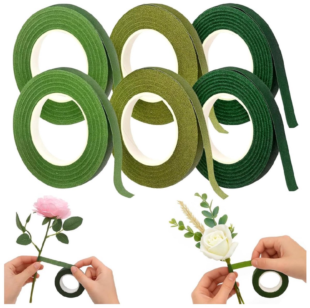 6-pack - Groene bloementape - Geschikt voor bloemschikken en bloemsierkunst - Rol van 12 mm x 30 m - Totaal 180 m