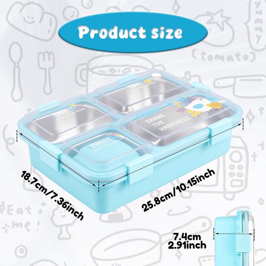 Kinder Lunchbox met 4 Compartimenten - RVS 304 - Lekvrij - Inclusief Bestek — afbeelding 2