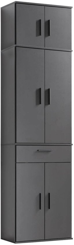 Hoge antracietgrijze kast met 8 deuren en 1 lade, in een strak design.