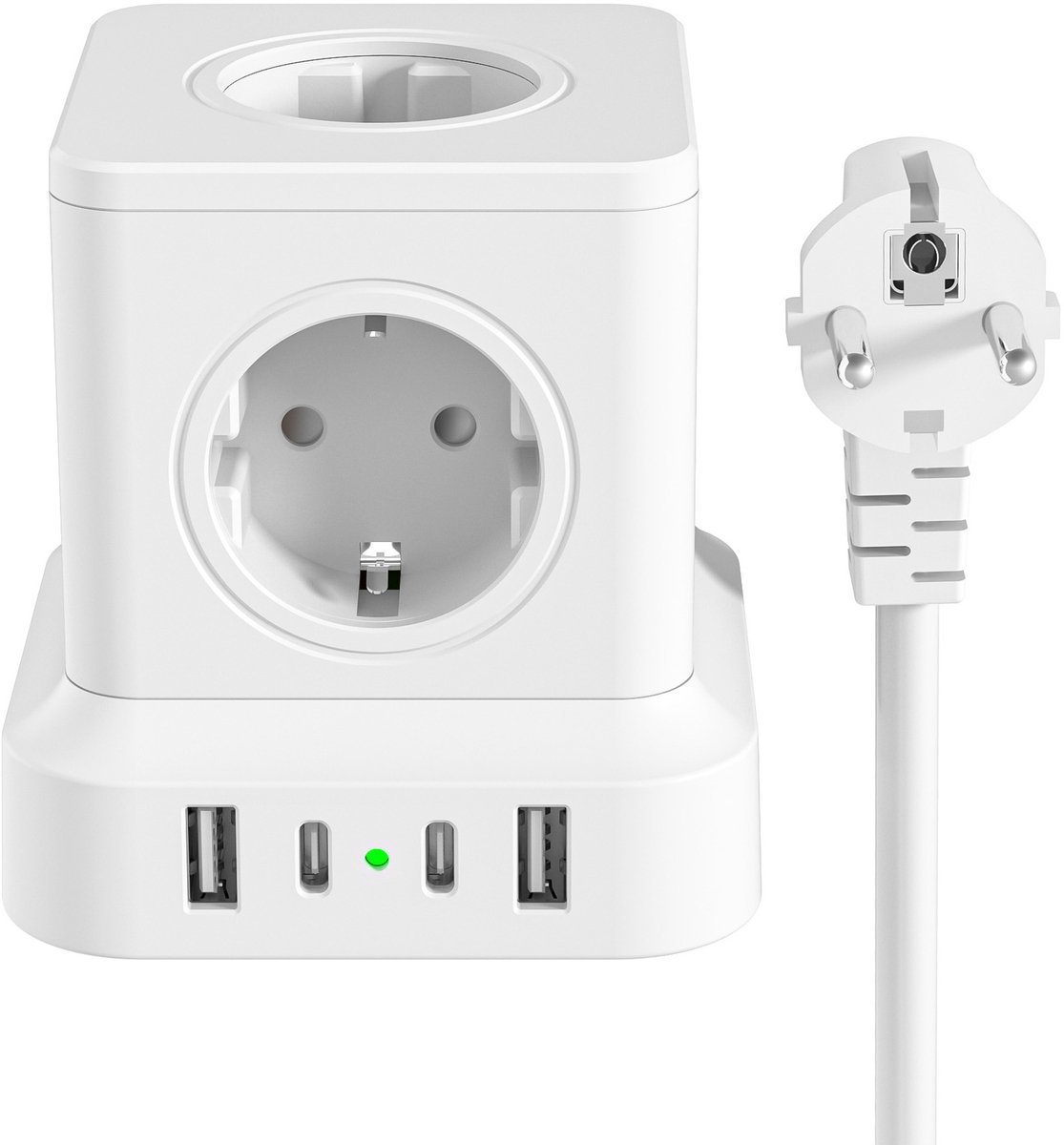 Kubus verdeelstekker met USB poorten en snoer - stopcontact splitter - stekkerdoos - met schakelaar - 5 stopcontacten - 20 Watt USB-C poort - Wit
