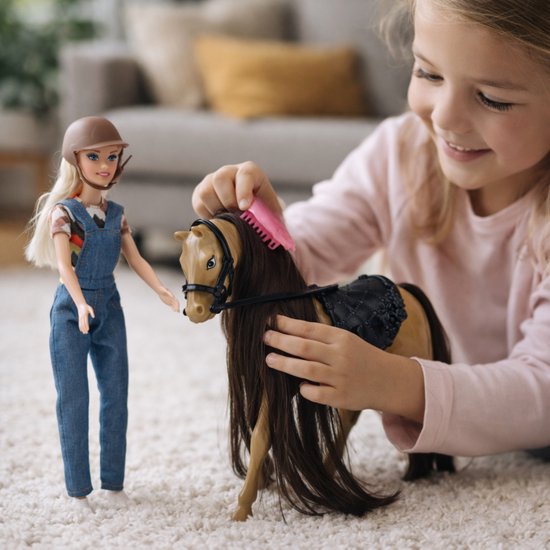Eddy Toys Doll & Horse - Modepop met Bruin Paard - 4-delige Speelset - Inclusief Cap, Haarborstel en Zadel - Speelgoedpop 29 cm - Blond Haar - Kunststof - Vanaf 3 Jaar - Geschikt voor Meisjes — afbeelding 3