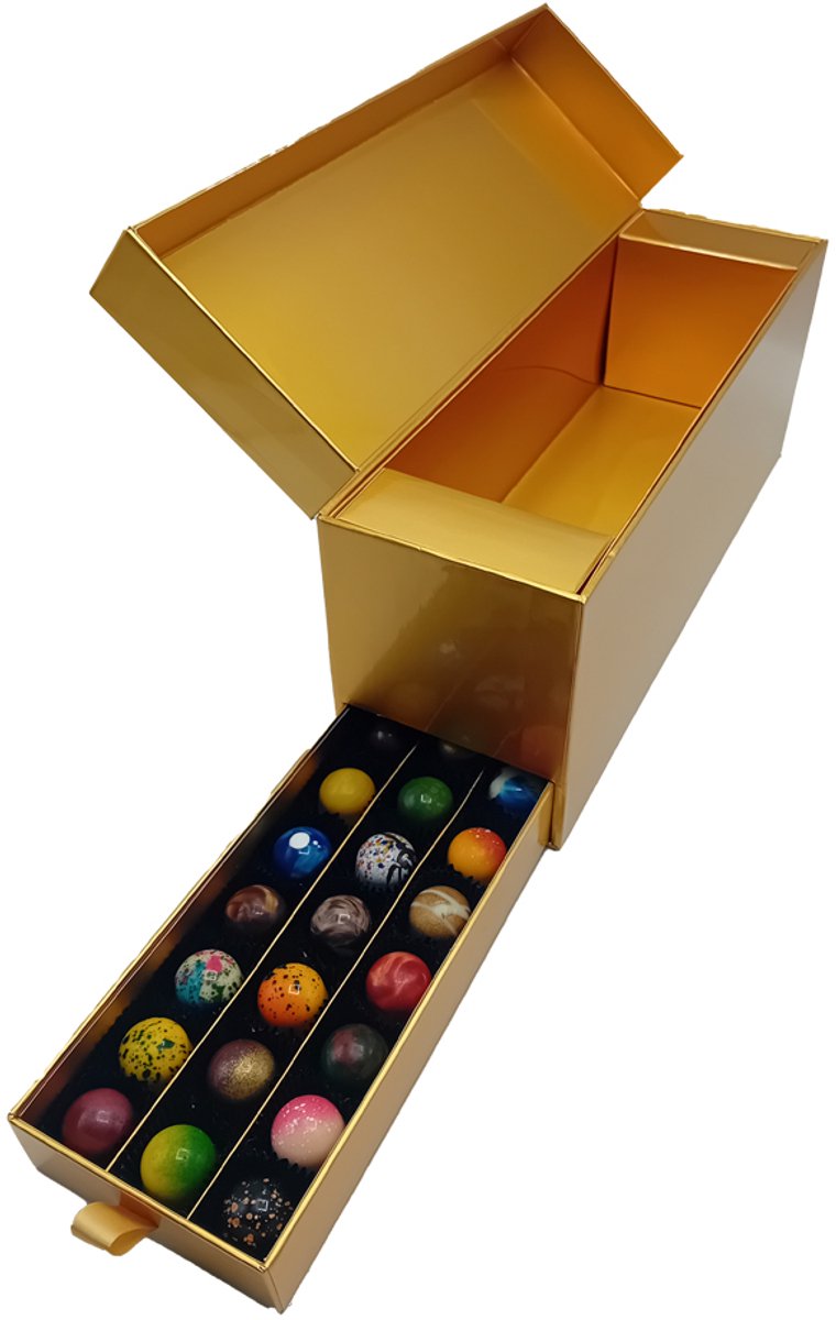 Ladebox goud leeg: cadeaubox met luxe chocolade Praline(zelf te vullen met je eigen drank)-(Vegan_glutenvrij_chocolade_Pralines_Bonbons_cadeau_chocoladegeschenk_relatiegeschenk_kerstcadeau_chocolade truffels_truffels_kerstchocolade_wijn.