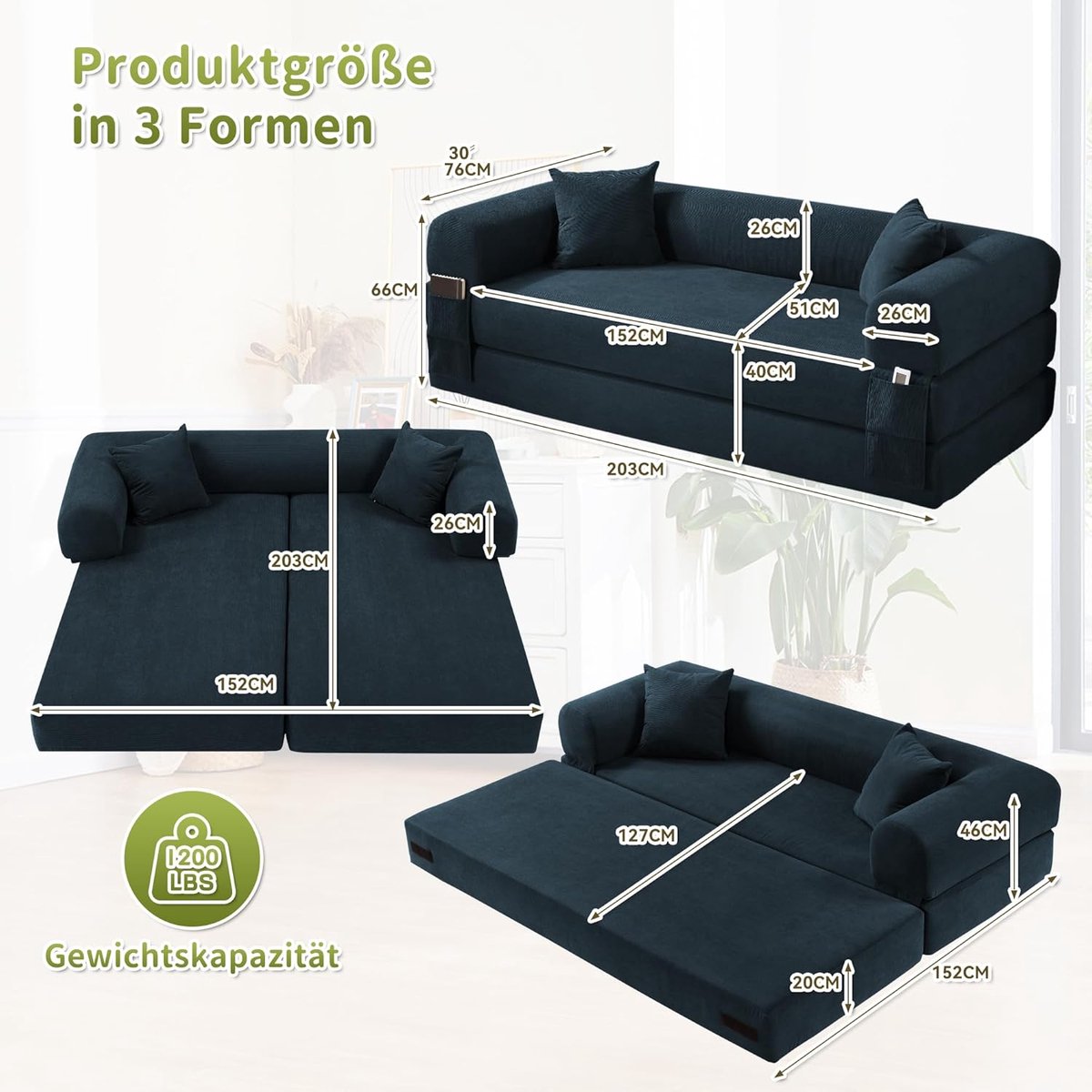 Slaapbank 3-zits met slaapfunctie 203 cm – Boneless Vloerbank & Inklapbare Slaapbank – Modulaire Bank Bed & Slaapstoel – Inclusief 2 Kussens – Marineblauw – Pauwhome