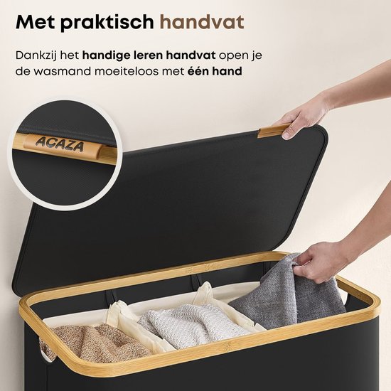 ACAZA Panier à Linge - Trieur de Linge - 3 Compartiments - Bamboe - Zwart