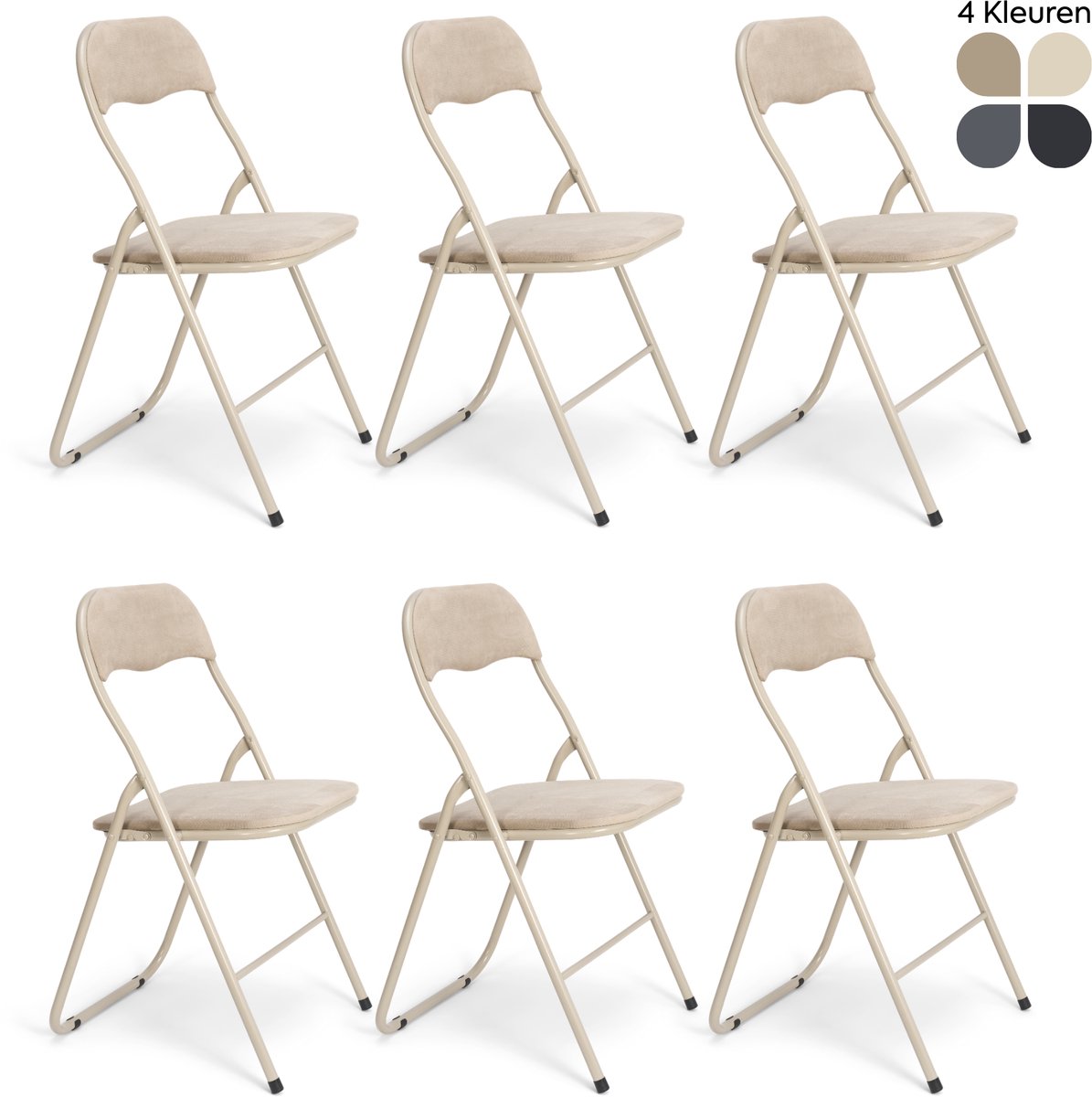 Trendy Meije® Nova Klapstoelen Set van 6 - Beige - Velvet Fluweel - Inklapbaar - Zithoogte 45 cm - Opvouwbare Stoelen - Vouwstoel